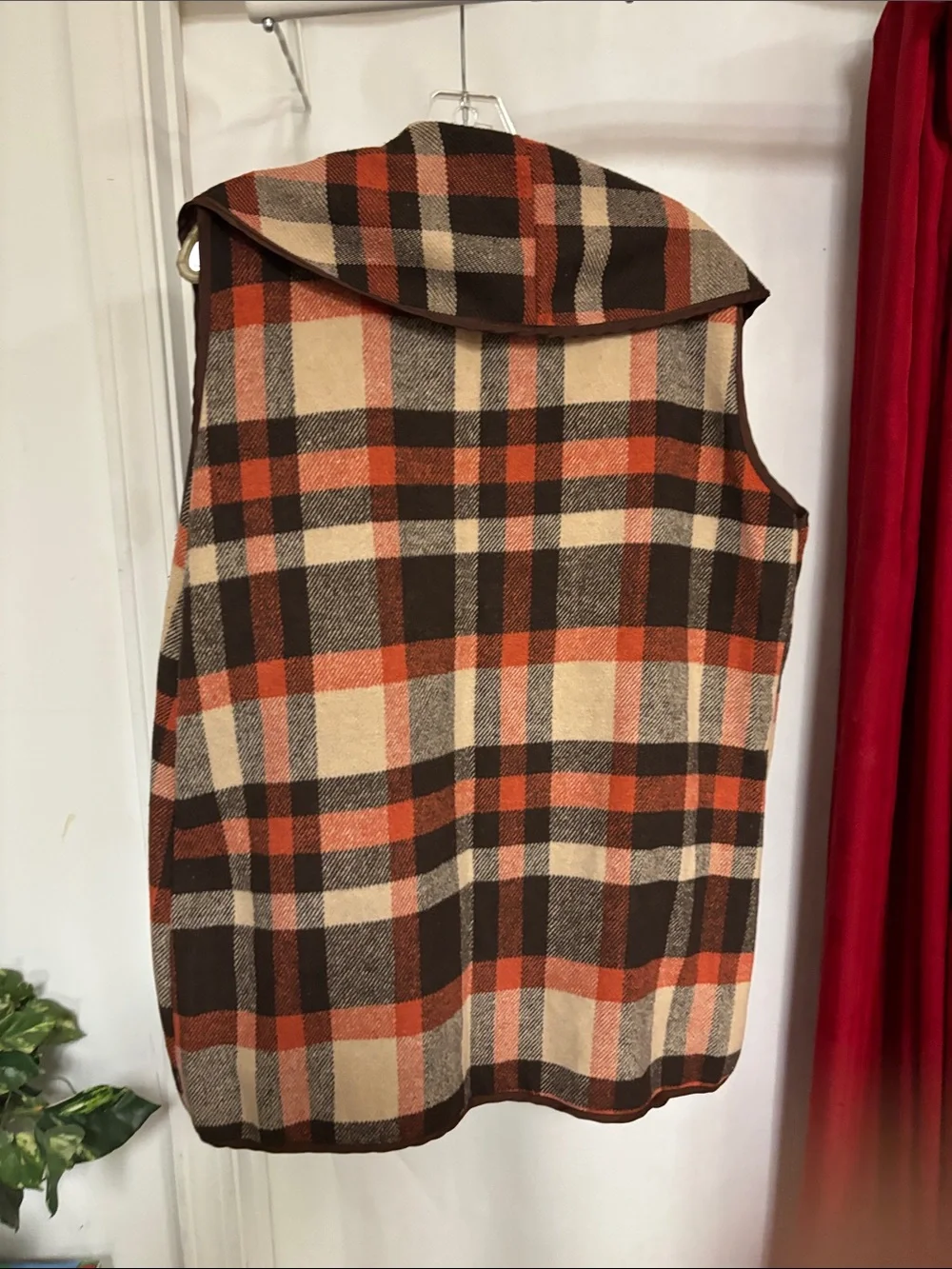 Plaid Hooded Sleeveless Vest in Brown, Orange & Cream,24” pit to pit